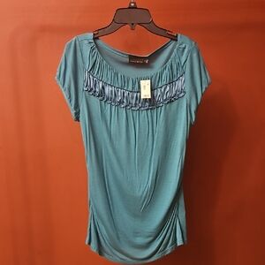 New York & Company Green Ruched Ruffled Blouse